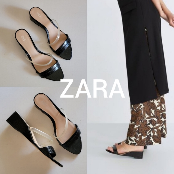 ZARA Embossed Clear strap slip on wedge Mule sandals Size 39 (Size 8.5/9) - Picture 1 of 12